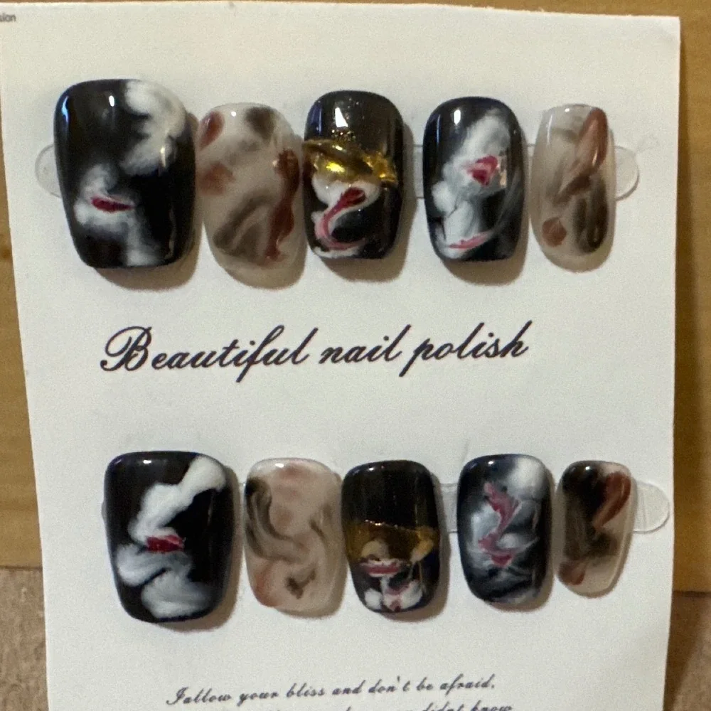 Abstract‎ Art Press On Nails Black White Marble Gold Foil Square False Nails Set